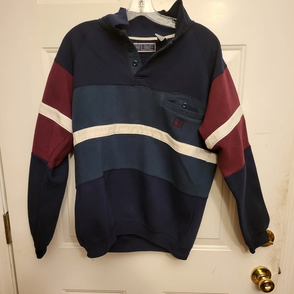On Line 1/4 Zip Sweater Pullover, Navy w/ Grn/Red/Wht Cotton Stripping, Mens M
